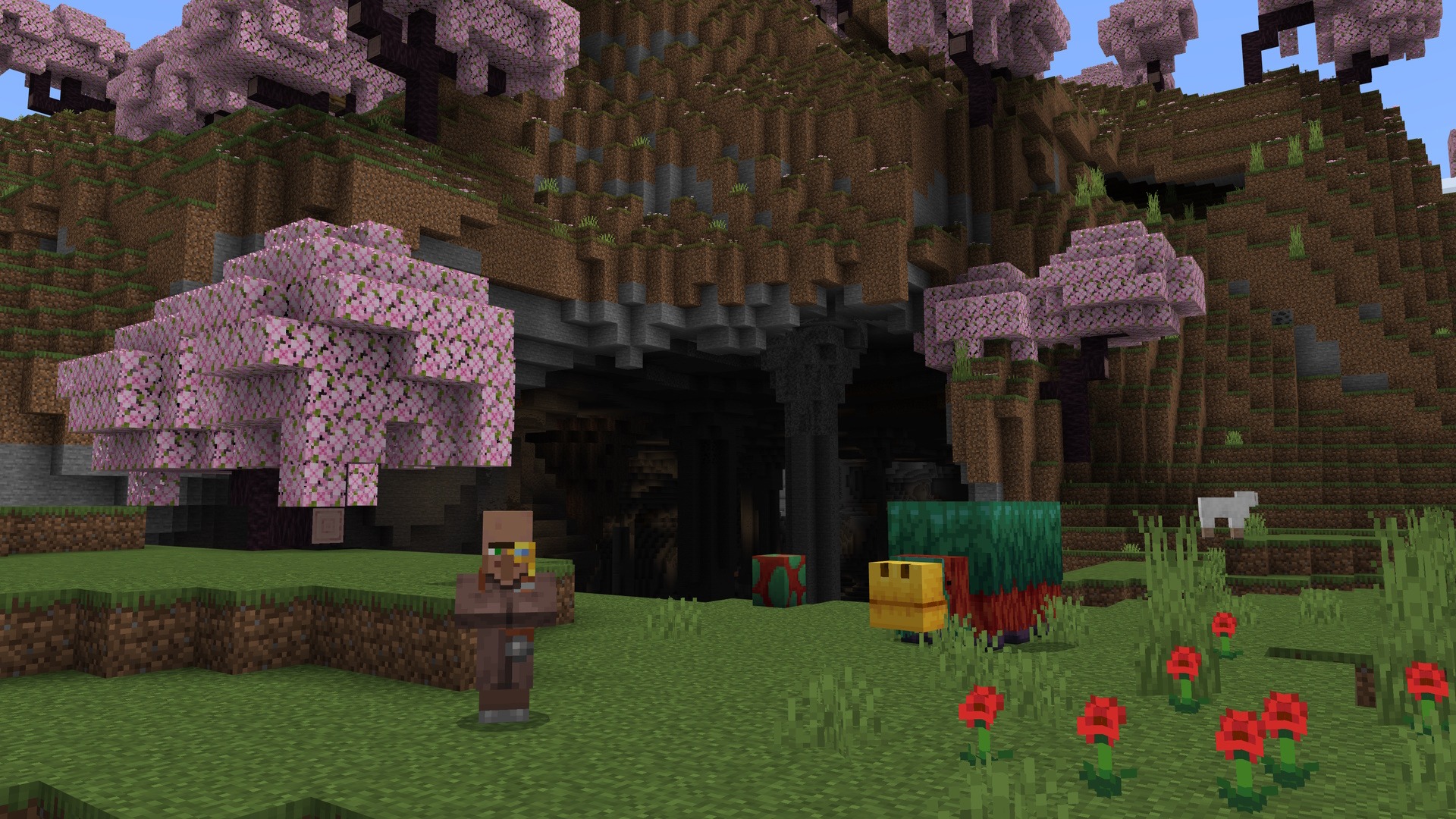 A Minecraft screenshot featuring a villager and a sniffer standing in front of a cave near a cherry grove