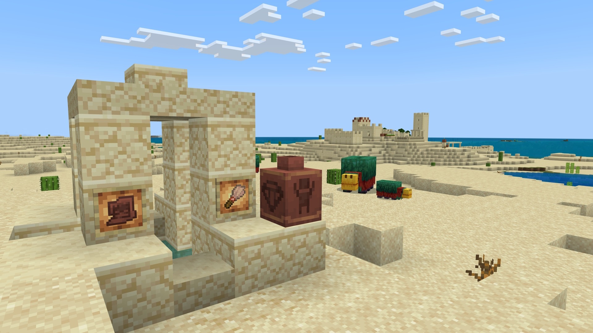 A Minecraft screenshot featuring the sniffer and a snifflet, and items related to archaeology including decorated pots, set in front of a desert well.