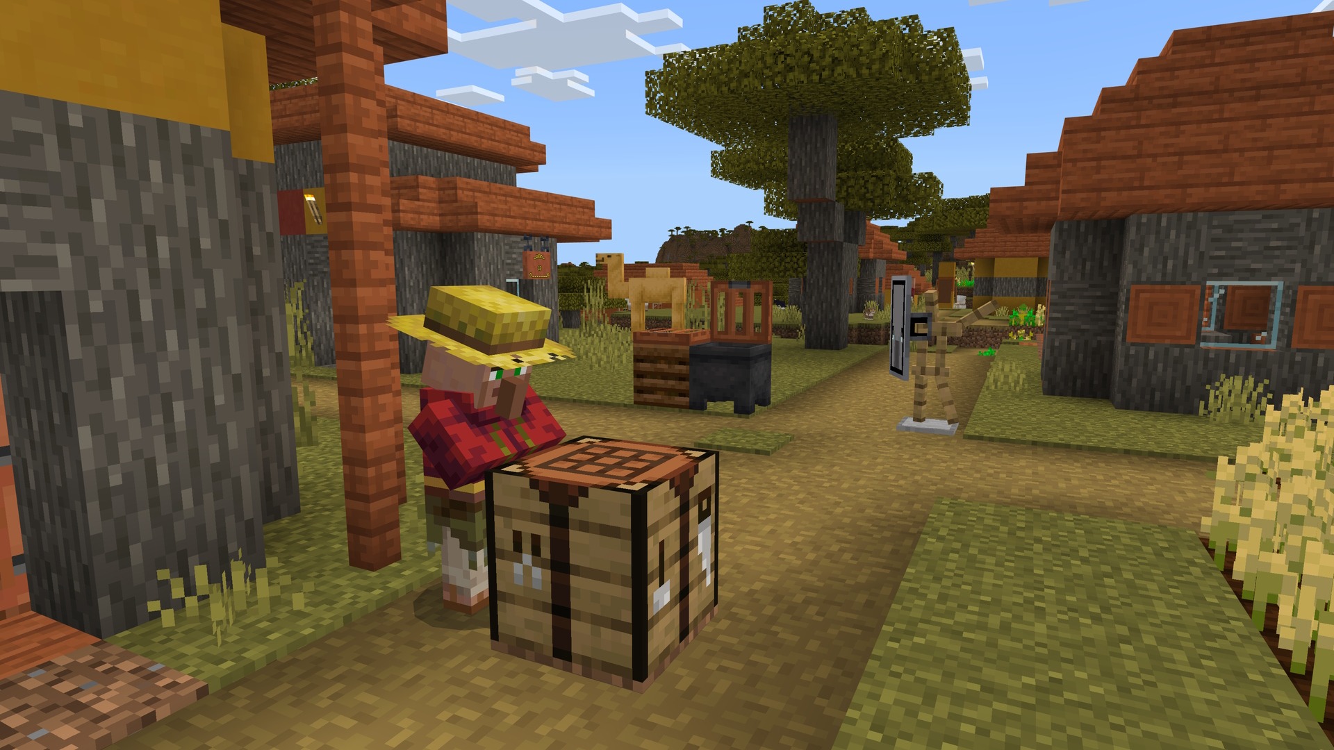 A Minecraft screenshot featuring a villager standing beside a crafting table. There is an armour stand in the background, with a camel nearby, too.
