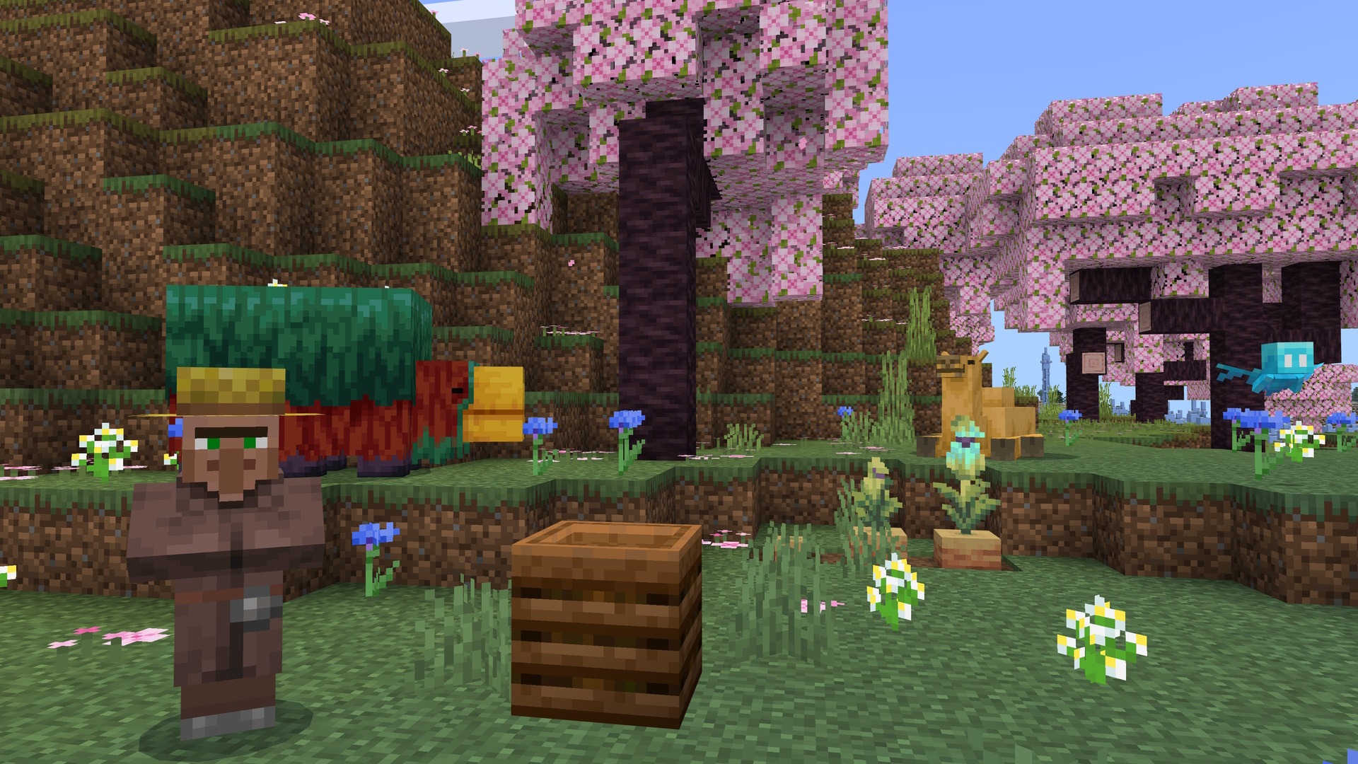 A Minecraft screenshot featuring a villager, a sniffer, a camel, and an allay. These are standing at the edge of a cherry grove.