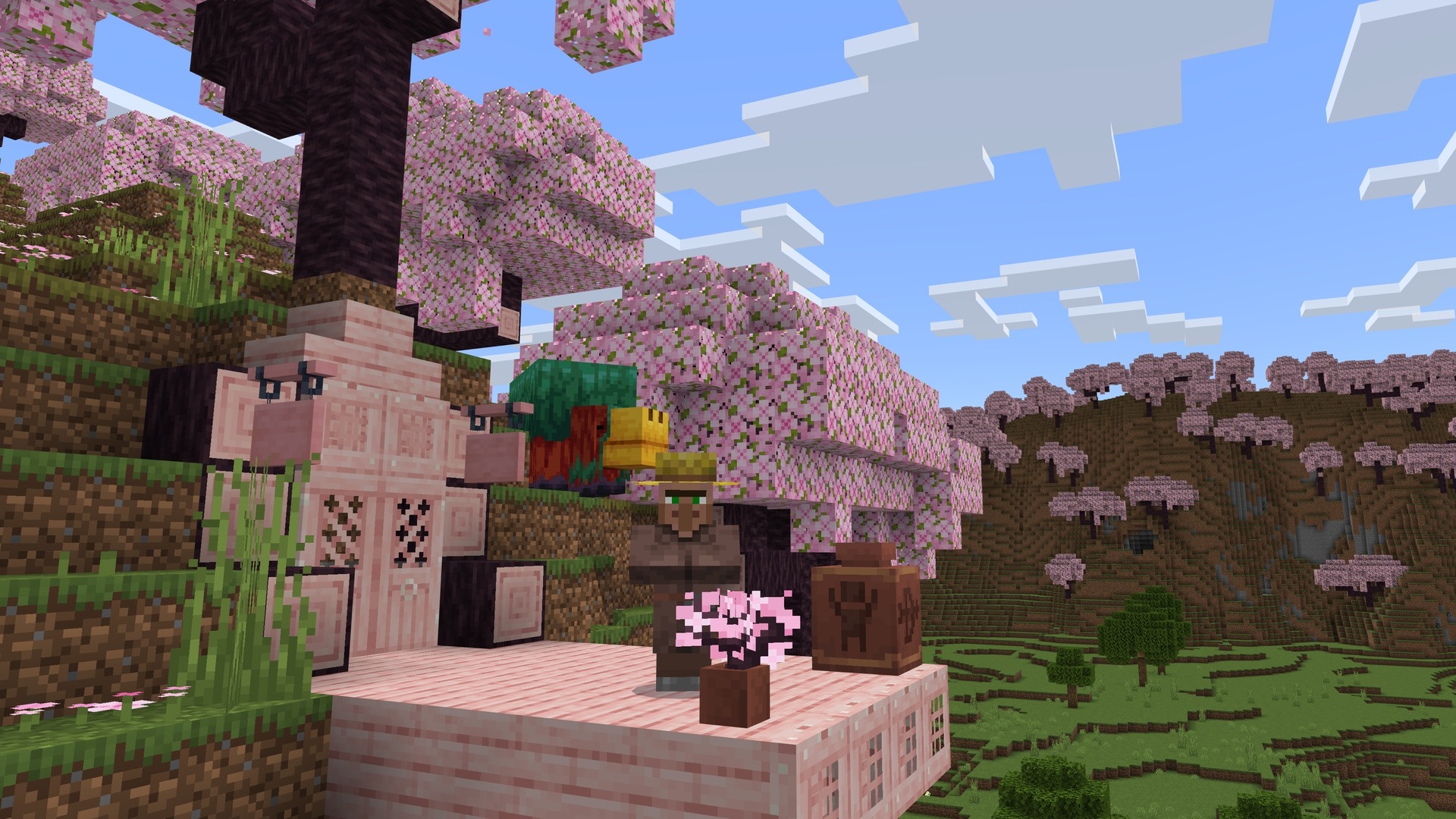 A Minecraft screenshot of a villager standing near some cherry trees and cherry blossom. There is a sniffer in the background, and a decorated pot on the cherry wood planks.