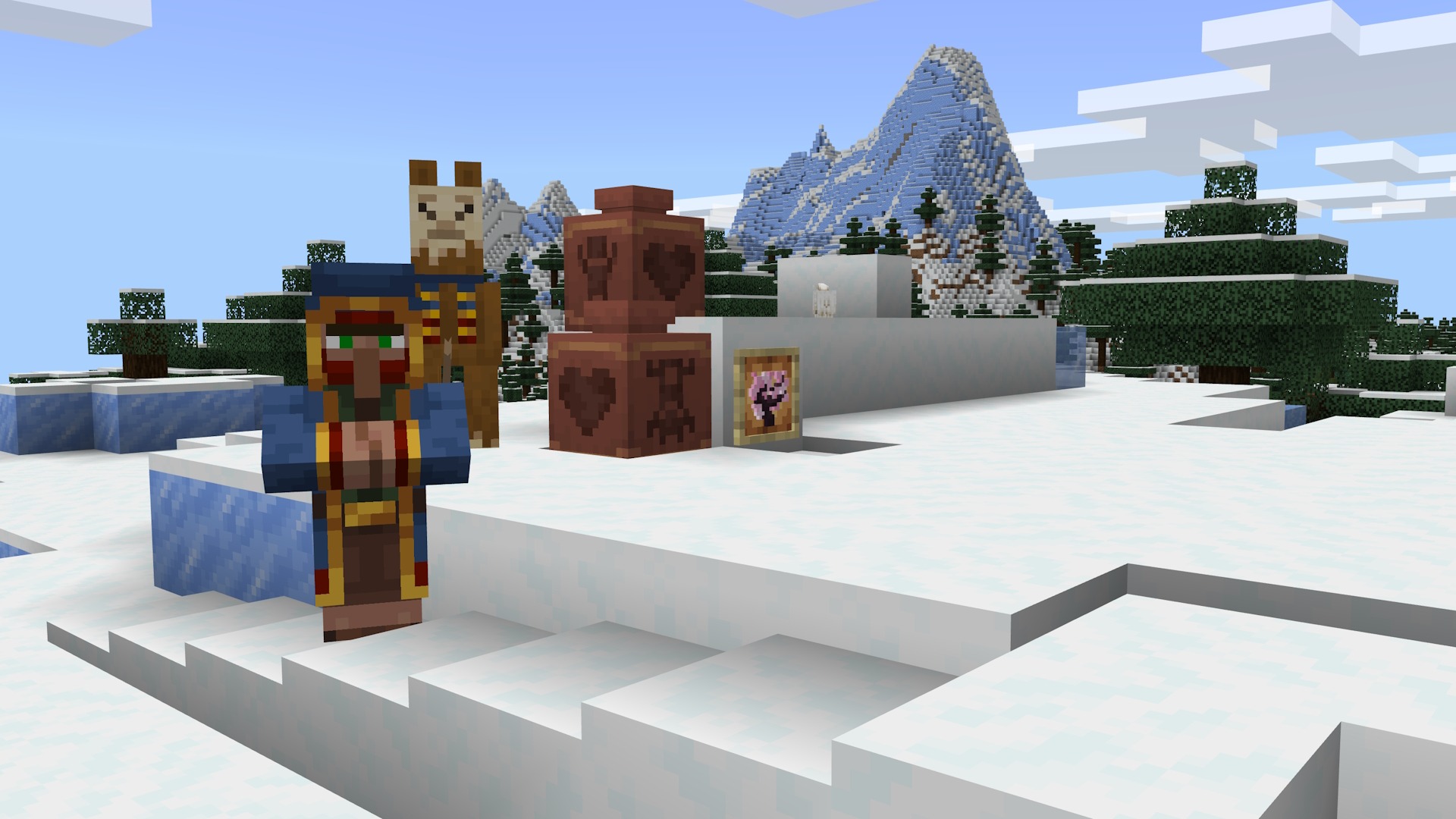 방황하는 상인과 라마, 아기 염소가 있는 Minecraft 스크린샷.  상인은 쌓인 눈 위에 서 있고 장면의 항목 액자에는 장식된 기둥과 체리 묘목이 있습니다.