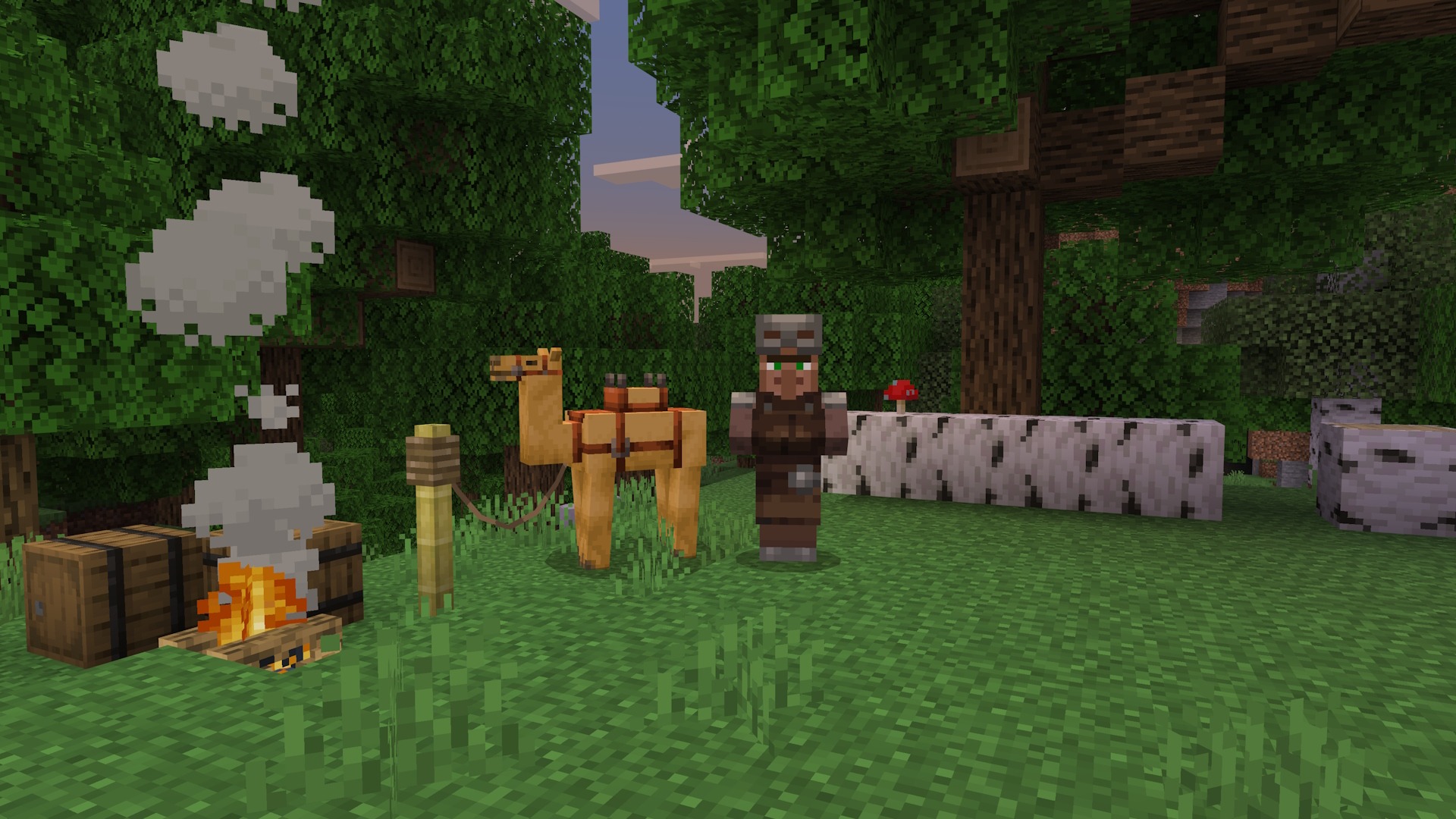 A Minecraft screenshot of a villager in a forest, with a fallen birch tree with a mushroom on it. There is also a camel in the background, leashed to a fence, with a campfire and some barrels nearby.