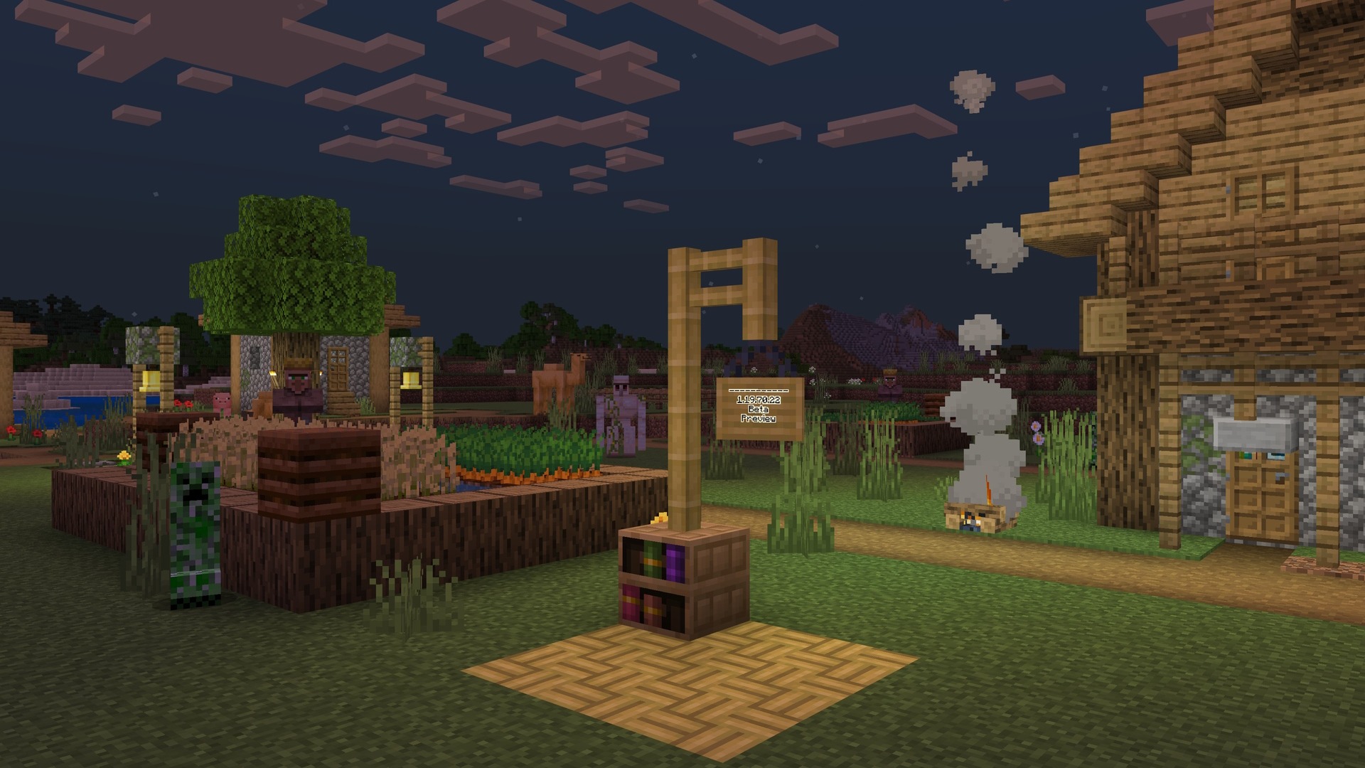 A Minecraft screenshot of a village with mobs.