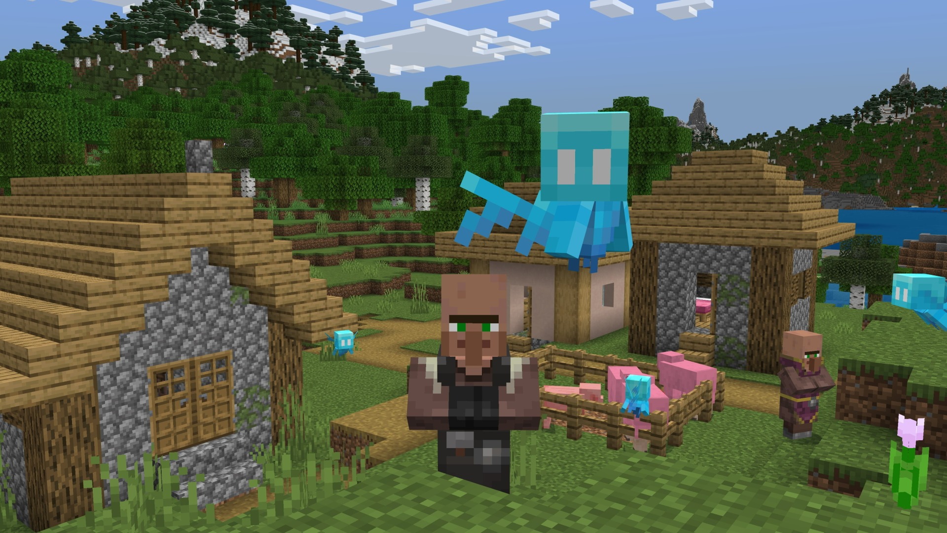 A Minecraft screenshot, featuring a Villager and Allays in a village, with pink sheep in a pen.