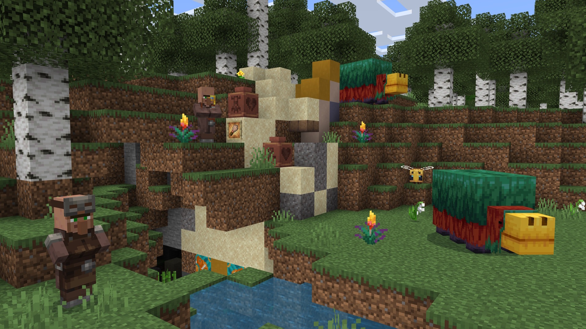 A Minecraft screenshot featuring a Trail Ruins structure, decorated pots, sniffers, , villagers, and torchflowers.